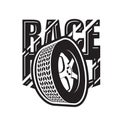 Racing emblem with tire, car wheel rim and tyre icon, race label or badge Royalty Free Stock Photo