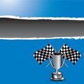 Racing flags and trophy on blue ripped banner Royalty Free Stock Photo