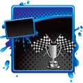 Racing flags and trophy on halftone grungy banner Royalty Free Stock Photo