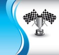 Racing flags and trophy on vertical blue wave Royalty Free Stock Photo