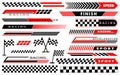 Racing graphic elements with speed stripes, checkered flags sport labels dynamic acceleration banners Royalty Free Stock Photo