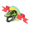 Racing helmet icon isometric vector. Helmet on background of shield with ribbon