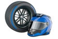 Racing Helmet with racing wheel Blue Wet, compound type tyre. 3D rendering Royalty Free Stock Photo