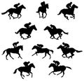 10 racing horses and jockeys silhouettes