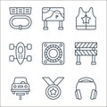 racing line icons. linear set. quality vector line set such as headphones, medal, car lift, road block, alternator, race car,