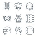 racing line icons. linear set. quality vector line set such as race track, champagne glasses, helmet, road, car jack, team badge,