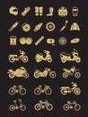 Racing motorcycle, bicycle, motorbike parts and transportation vector icons