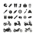 Racing motorcycle, motorbike parts and transportation vector icons