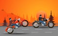 Racing motorcycles on a country forest road at sunset. Vector.