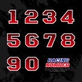 Racing number alphabet. Racing team sticker concept. Set of racing, motocross, sport race number Royalty Free Stock Photo