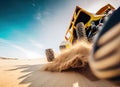 Racing offroad buggy jumping over dune in desert at high speed with sand flying around made with generative AI