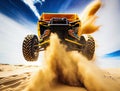 Racing offroad buggy jumping over dune in hot desert at high speed with sand flying around made generative AI Royalty Free Stock Photo
