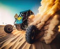 Racing offroad buggy jumping over dune in desert at high speed with sand flying around made with generative AI