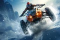 Racing on quad bike in deep snowdrift. Extreme sport, Extreme rider jumping with a snowmobile on the snow, Face covered with