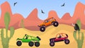 Racing rally cars off road in desert vector illustration.