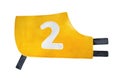 Racing shirt for dog or horse, with big number `Two` sign. One single object, bright yellow color, side view.