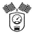 Racing speedometer award in monochrome striped with flags and crown