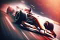 Racing sport. Formula 1 car with driver driving fast, motion blur, sparks and dirt