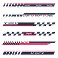 Racing stripes. Sport car, motorcycle, motor boat stickers, vehicle tuning bars flat vector illustration set. Striped tuning sport