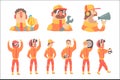 Racing Team Members In Orange Uniform Including Driver and Pit Stop Technicians Team Set of Cartoon Characters.