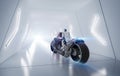 Racing technology with robot riding on motorbike with speed