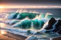 Racing Waves Amidst a Sunset, Journeying Over Cliffs and Towards the Sandy Beach in a Captivating Panorama. AI generated