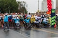 Wheelchair paraplegic athletes racing in street marathon