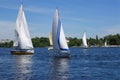 Racing yachts in the sea on blue sky background. Beautiful blue sky over calm sea with sunlight reflection. Sailing