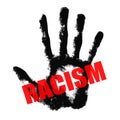 Racism red text on black hand print