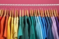 Rack with bright clothes on pink. Rainbow colors Royalty Free Stock Photo