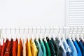 Rack with bright clothes in room Royalty Free Stock Photo