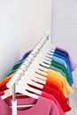 Rack with bright clothes in room Royalty Free Stock Photo