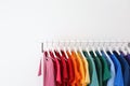 Rack with bright clothes on white background. Royalty Free Stock Photo