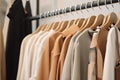 a rack of clothes hanging on a rail in a room with a black door and a white wall and a white wall with a black door