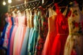 rack of colorful evening dresses in a boutique with soft lighting