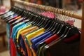 A rack of colorful shirts hanged for sale at a fair Royalty Free Stock Photo