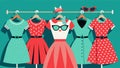 A rack filled with 1950s swing dresses polka dot blouses and cateye sunglasses.. Vector illustration. Royalty Free Stock Photo