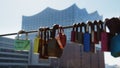 Rack Focus from colorful Love Locks on Concert Hall Elbphilharmonie in the Speicherstadt and port of Hamburg.