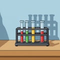 A rack holds six test tubes, three empty on the top row and three filled with liquids in Royalty Free Stock Photo