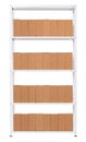 Rack with identical boxes aligned in a row, isolated object photo on white background