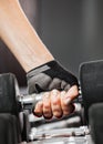 Rack with metal dumbbells in gym.