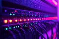 Rack mounted servers with illuminated purple and red lights visualizing data processing server management and digital infrastru