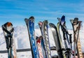 A rack packed with skis. Ski resort Livigno