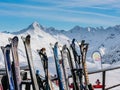 A rack packed with skis. Ski resort Livigno