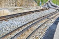 Rack railway railroad tracks in Vall de Nuria, Spain Royalty Free Stock Photo