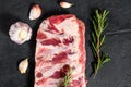 Rack of raw pork spare ribs seasoned with spices. Black background. Top view Royalty Free Stock Photo