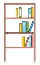 Rack with shelves with colorful books in flat design style. Brown wooden bookcase with various books