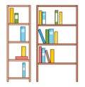 Rack with shelves with colorful books in flat design style. Brown wooden bookcase with various books