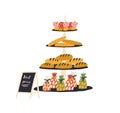 Rack shelves with fresh appetizing bakery vector flat illustration. Hand drawn showcase with sweets, breads and baked