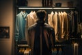 A rack of shirts hanging in a fashion shop with lights. Generative Ai.